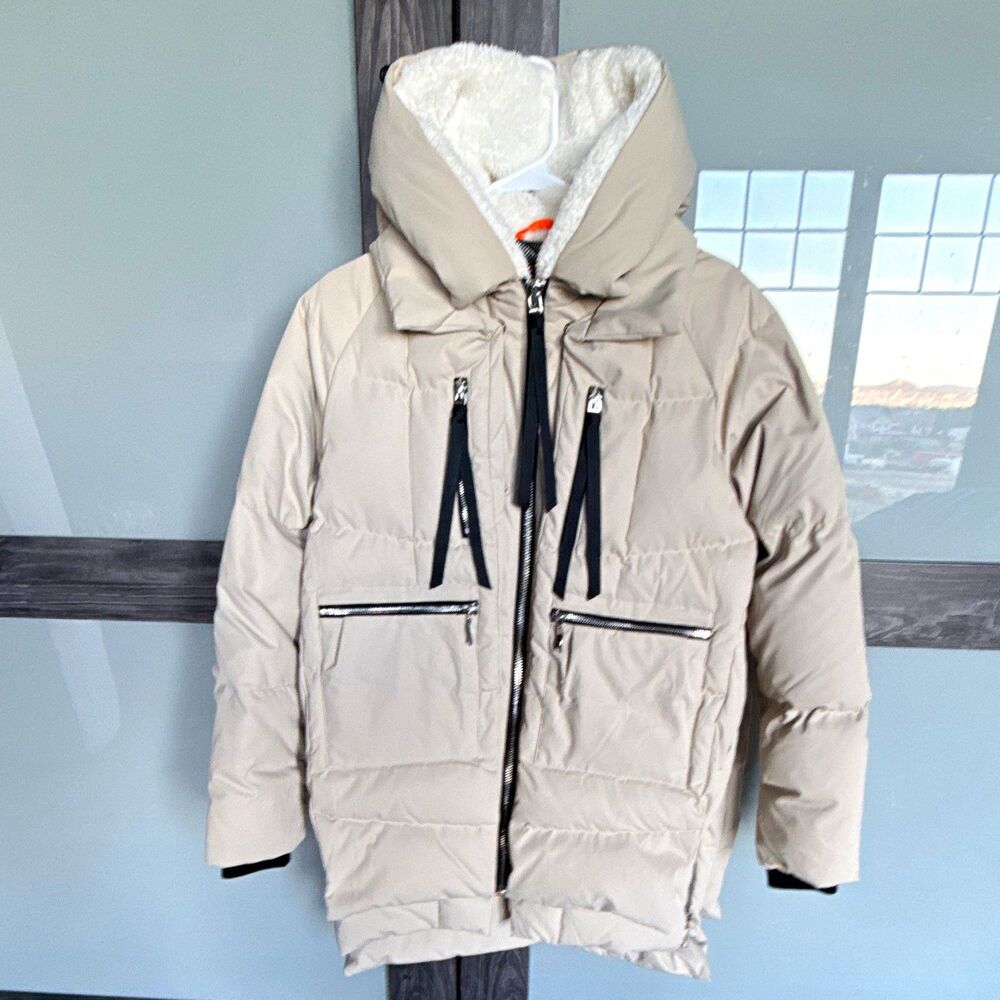 OROLAY Women's Puffer Jacket Full Zip Sherpa Hooded Pockets Beige Size S